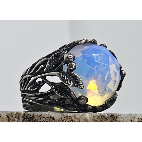 925 Sterling Silver Round Iridescent Stone & Leaf Design Ring SZ 8 - Picture 3 of 11